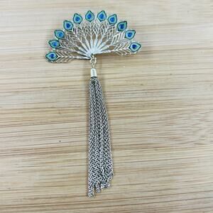 Peacock Feather Fan Brooch Palace Museum Beijing Regency Fairycore Pin Gold Tone